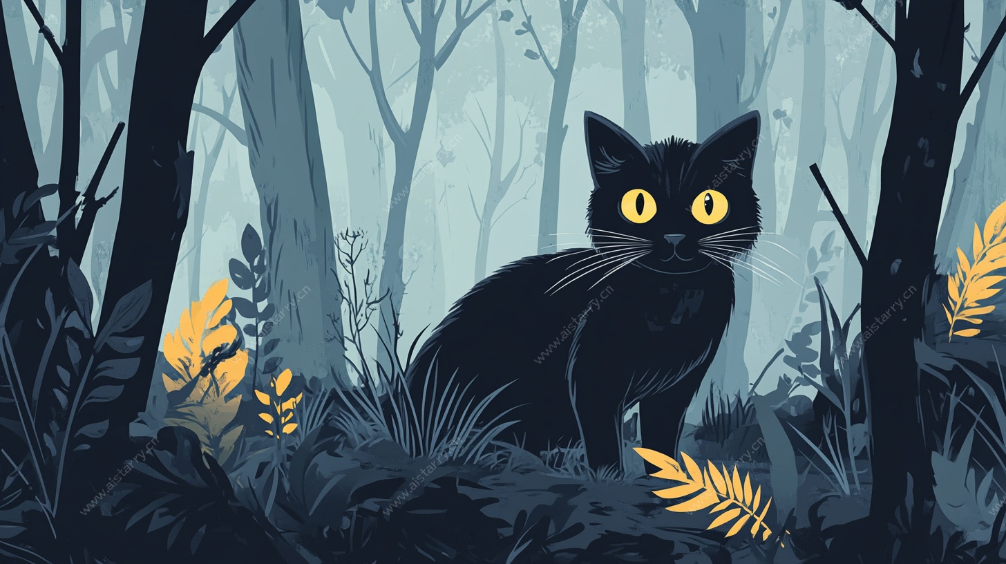 森林中的黑猫插画