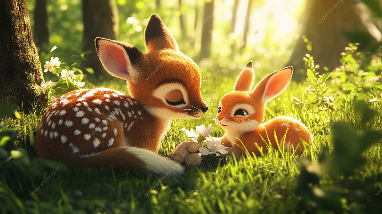 小鹿与小兔的森林温馨时刻