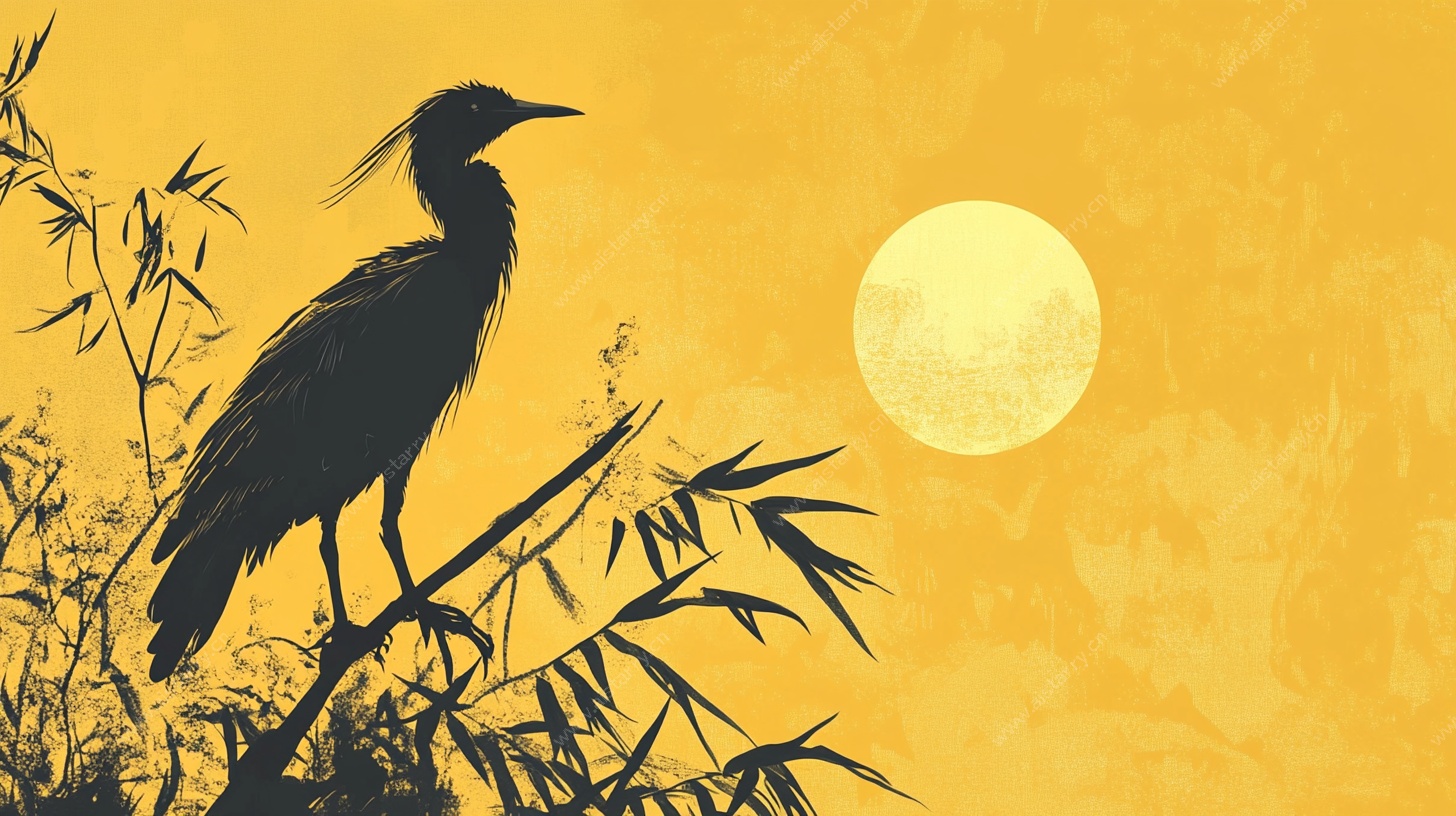 鹭栖竹枝映圆月