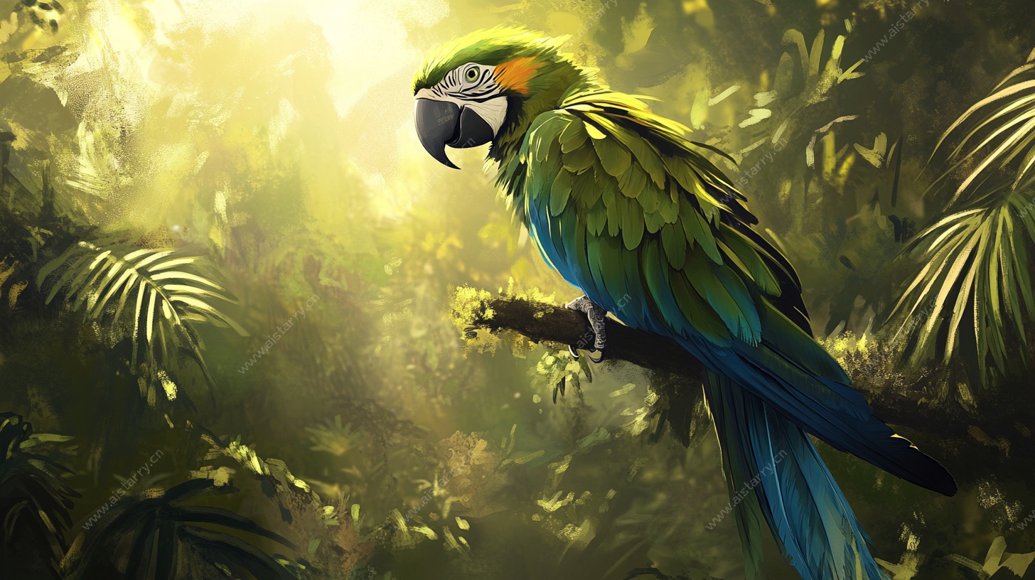 翠绿鹦鹉栖于丛林枝桠间