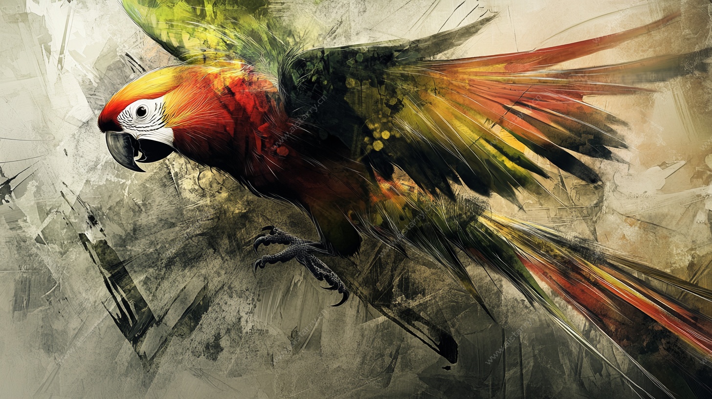 抽象风格飞翔鹦鹉画作