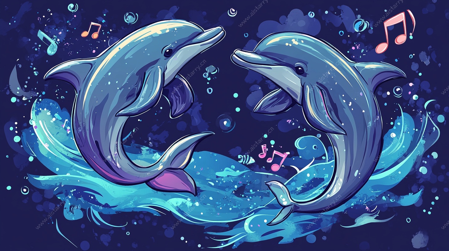 梦幻海豚音乐海洋插画