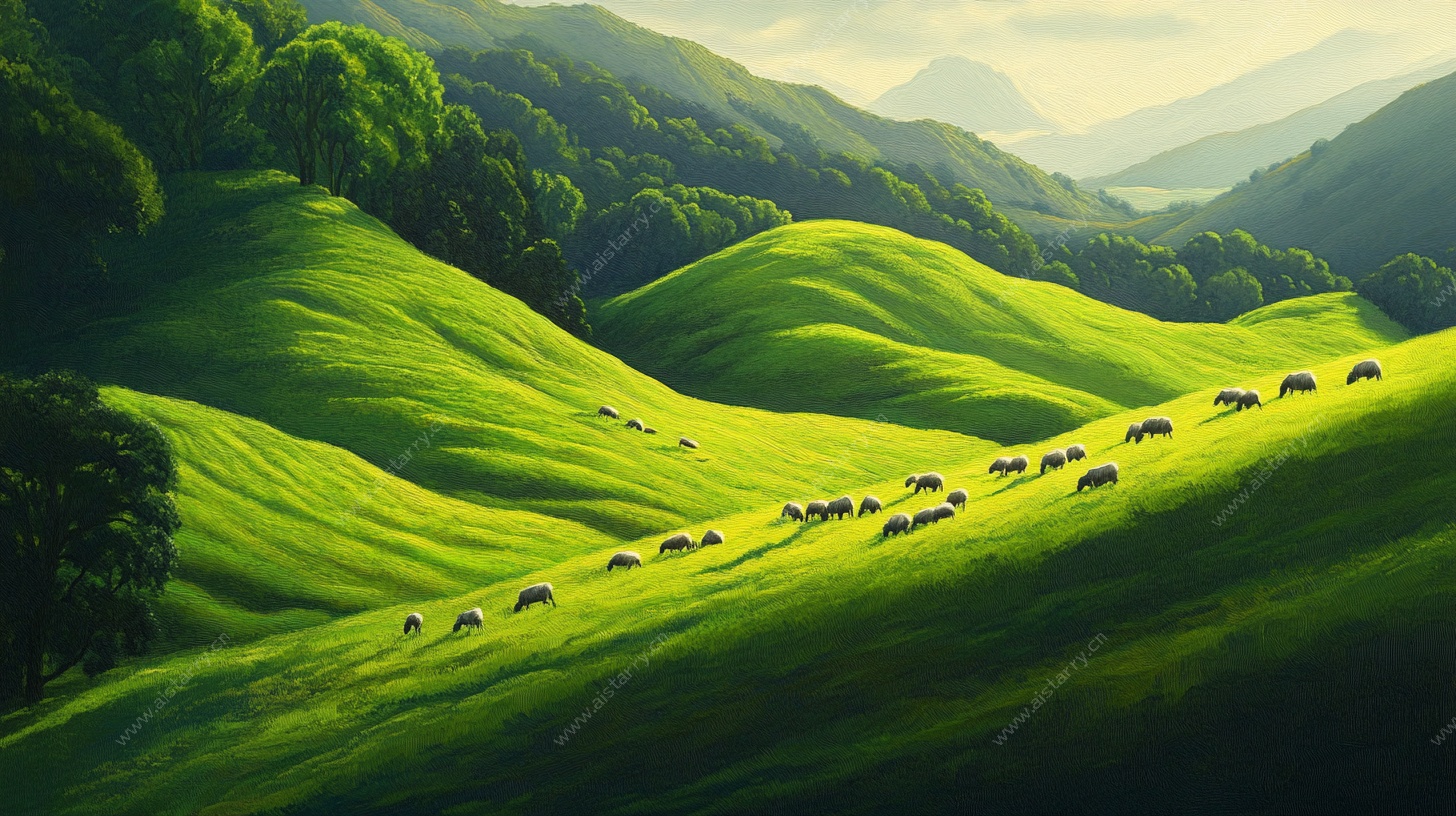 绿色山丘上的牧羊景致