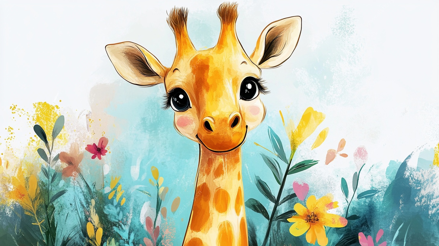 可爱长颈鹿置身缤纷花丛中