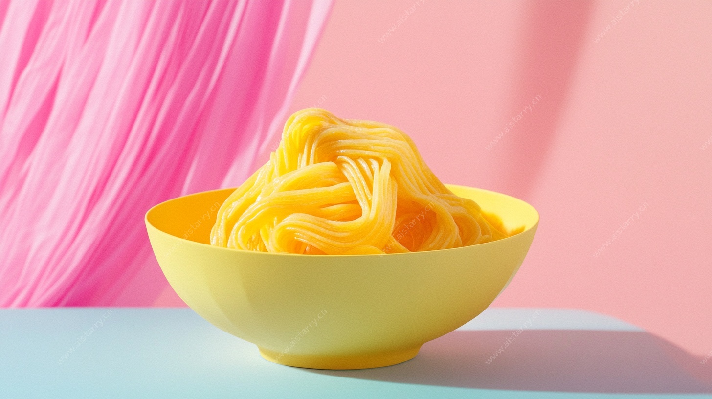 黄色碗中堆叠的彩色面条