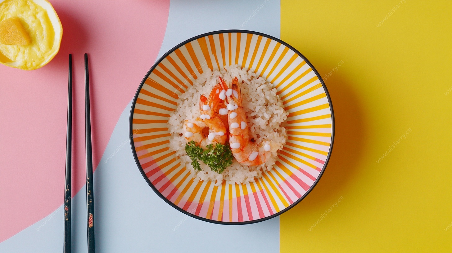 彩色碗中的虾仁盖饭