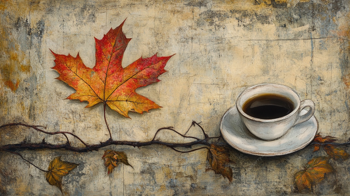 秋意咖啡枫叶静物图