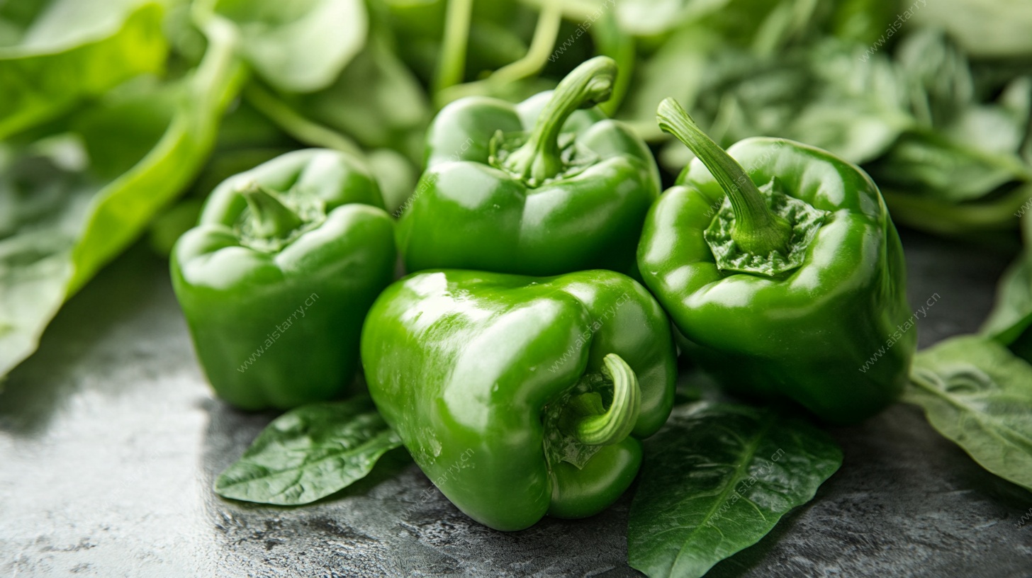 新鲜青椒与绿叶的静物组合