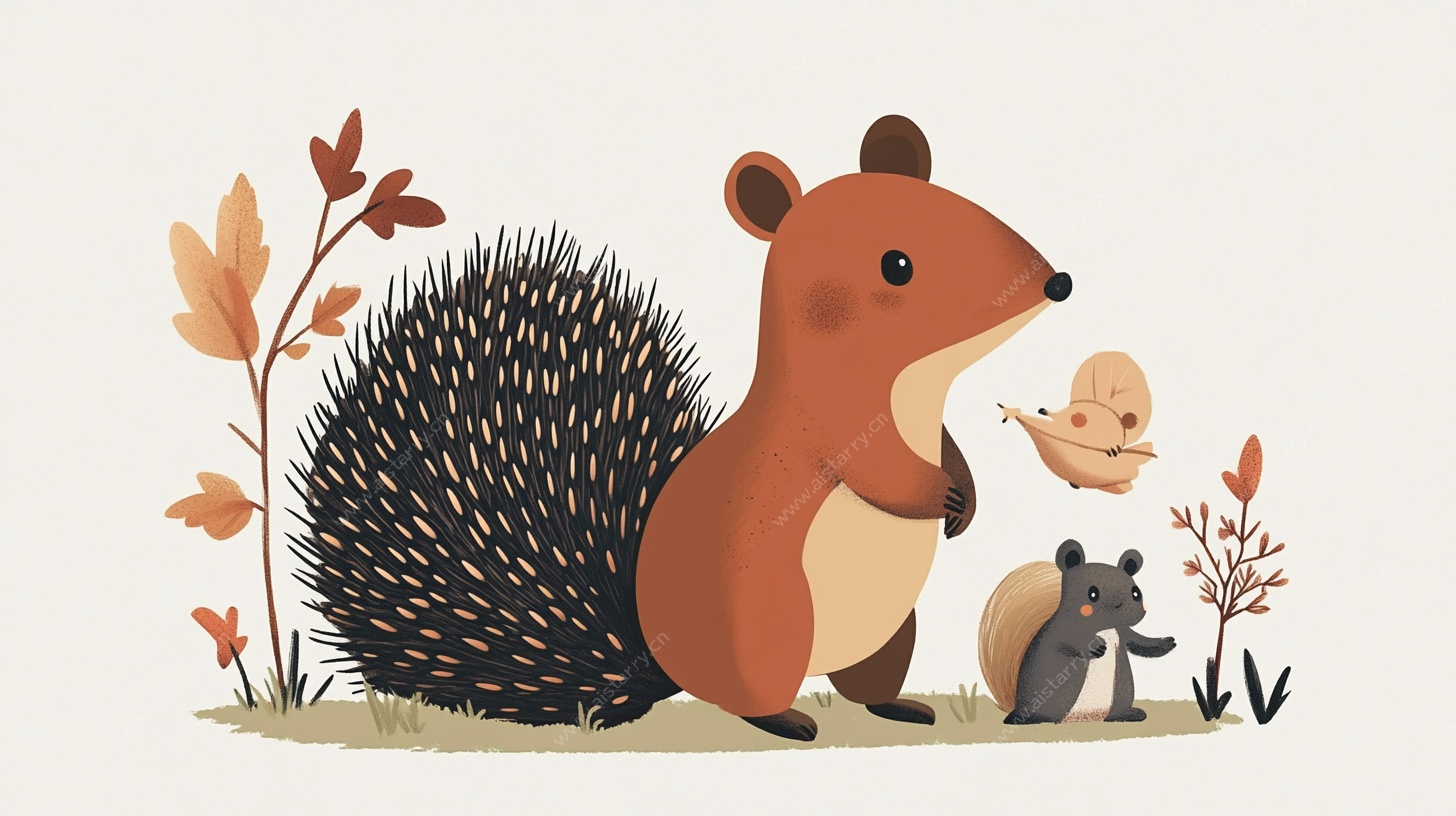 可爱刺猬与伙伴的秋日场景