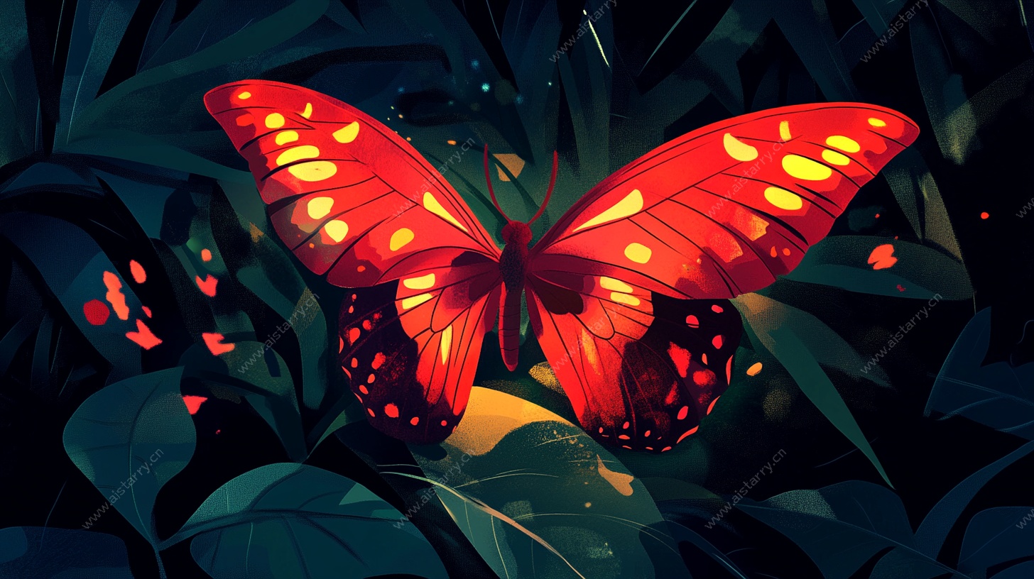 梦幻红蝶栖于幽绿叶片间