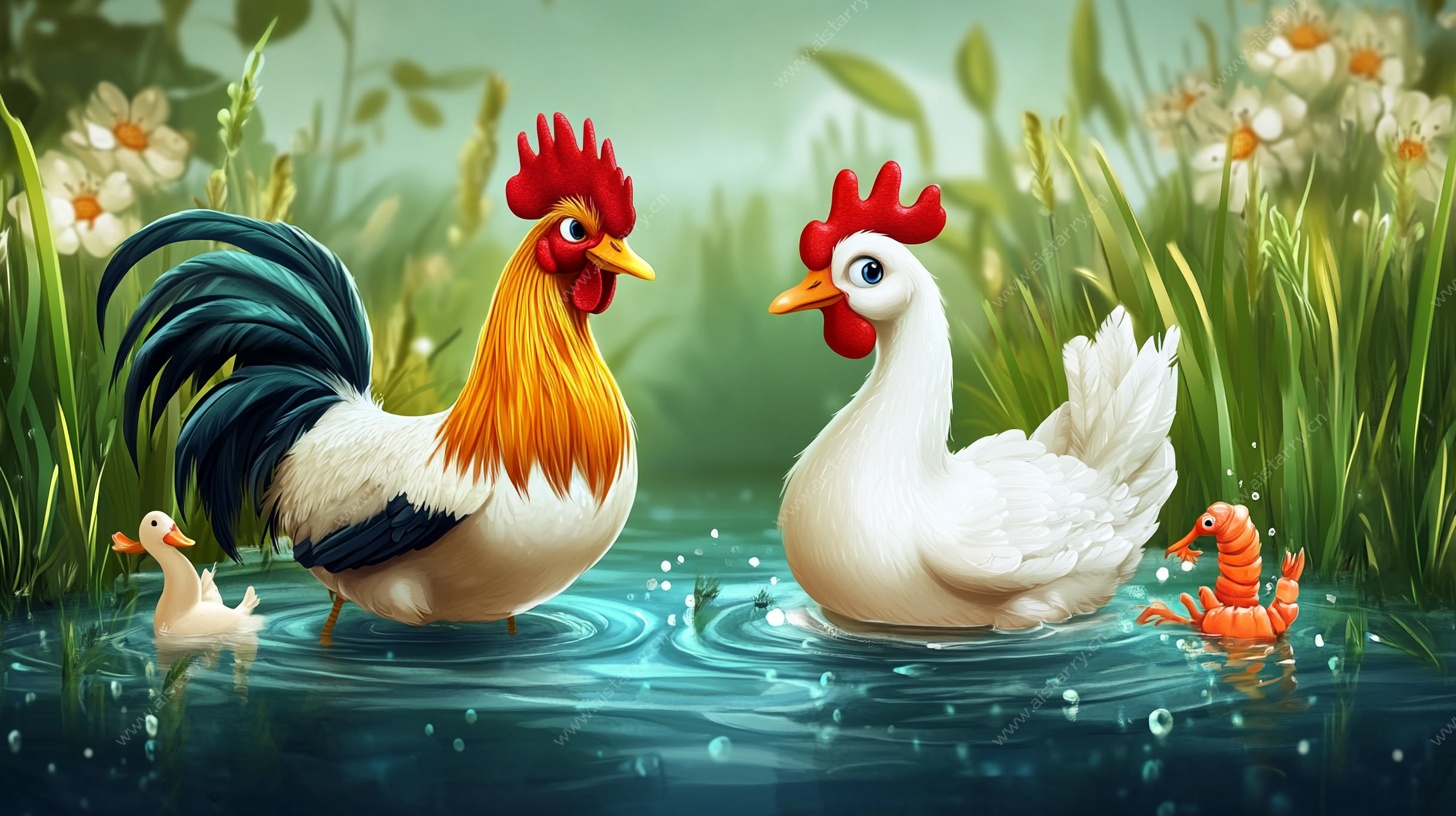 公鸡母鸡水中嬉戏图