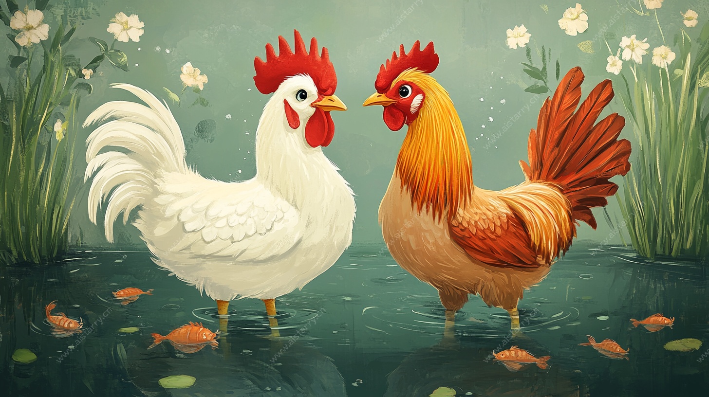 池塘中的公鸡与母鸡