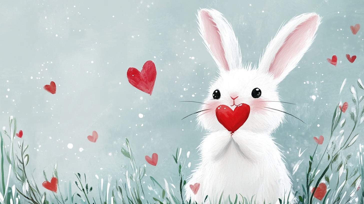 可爱白兔捧心于花草间