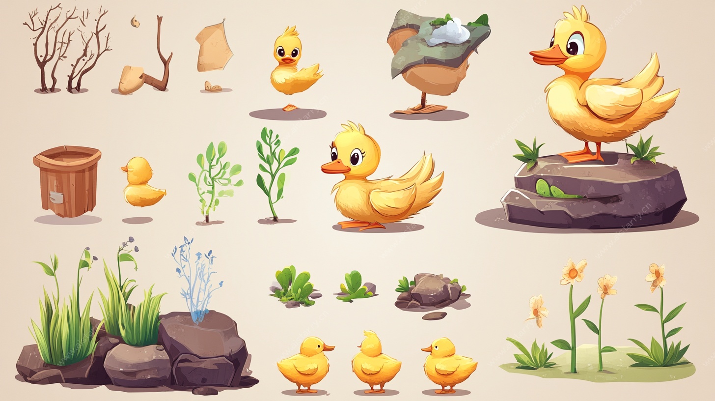 可爱小黄鸭与自然元素插画