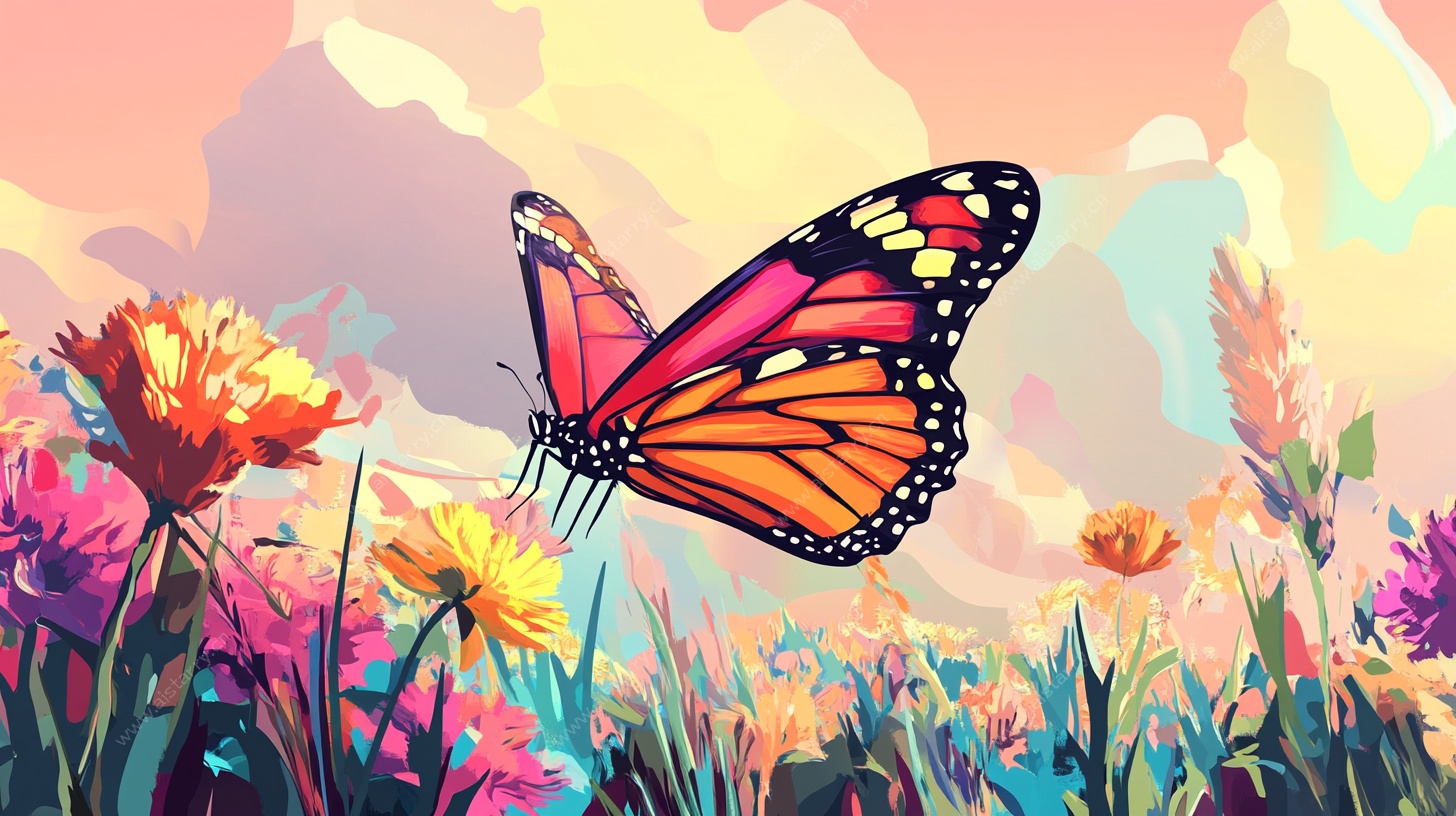 蝴蝶飞舞于绚烂花丛中