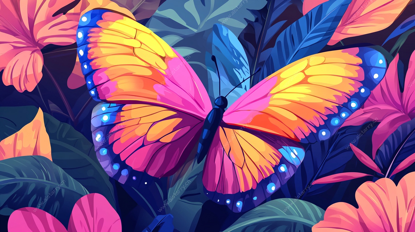 彩色蝴蝶在花丛中飞舞