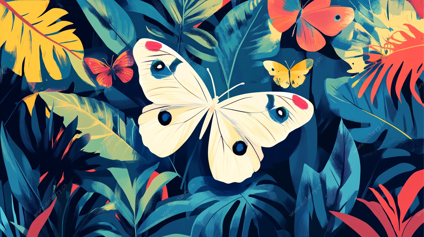 蝴蝶飞舞的热带植物插画