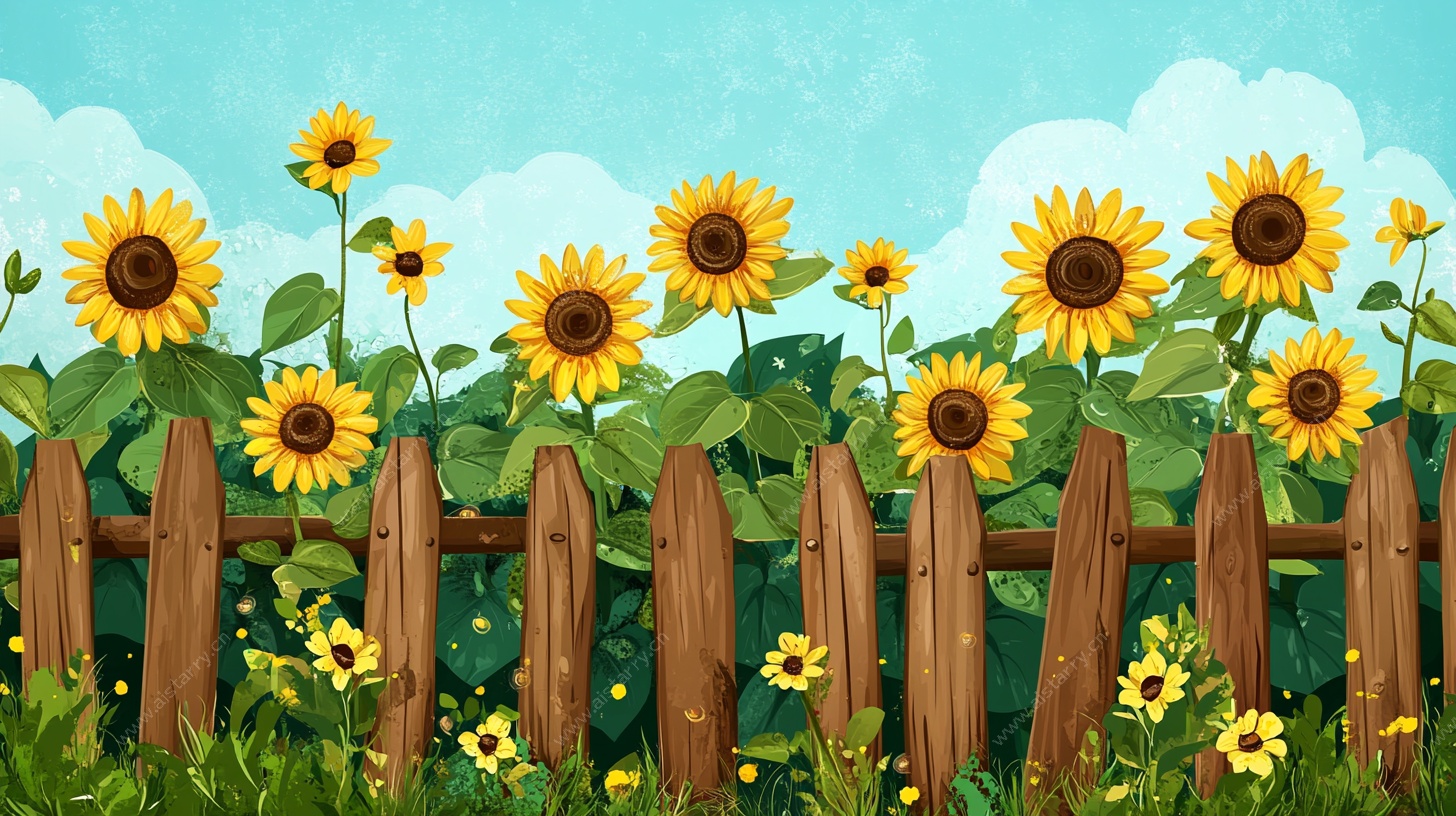 篱笆旁的向日葵风景图