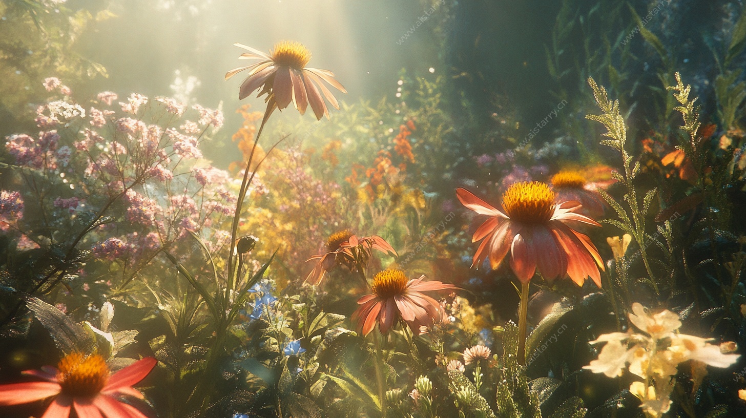 阳光照耀下的多彩花卉