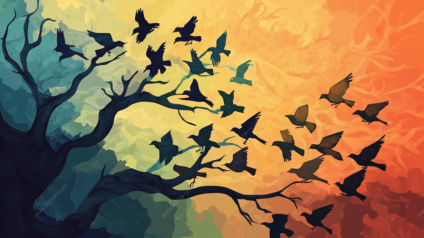 飞鸟绕树的多彩风景图