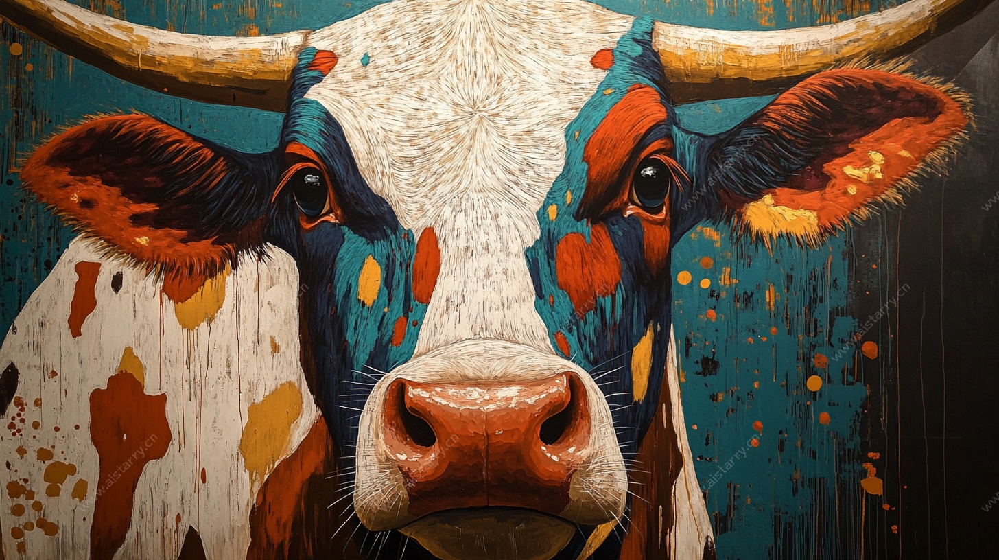 多彩抽象风奶牛绘画作品
