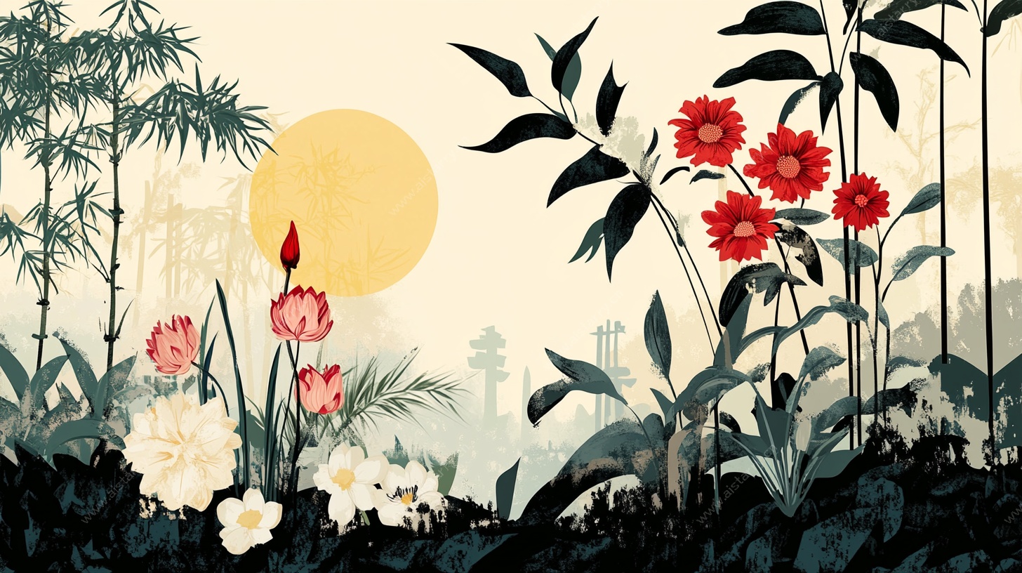 中式花卉山水诗意插画