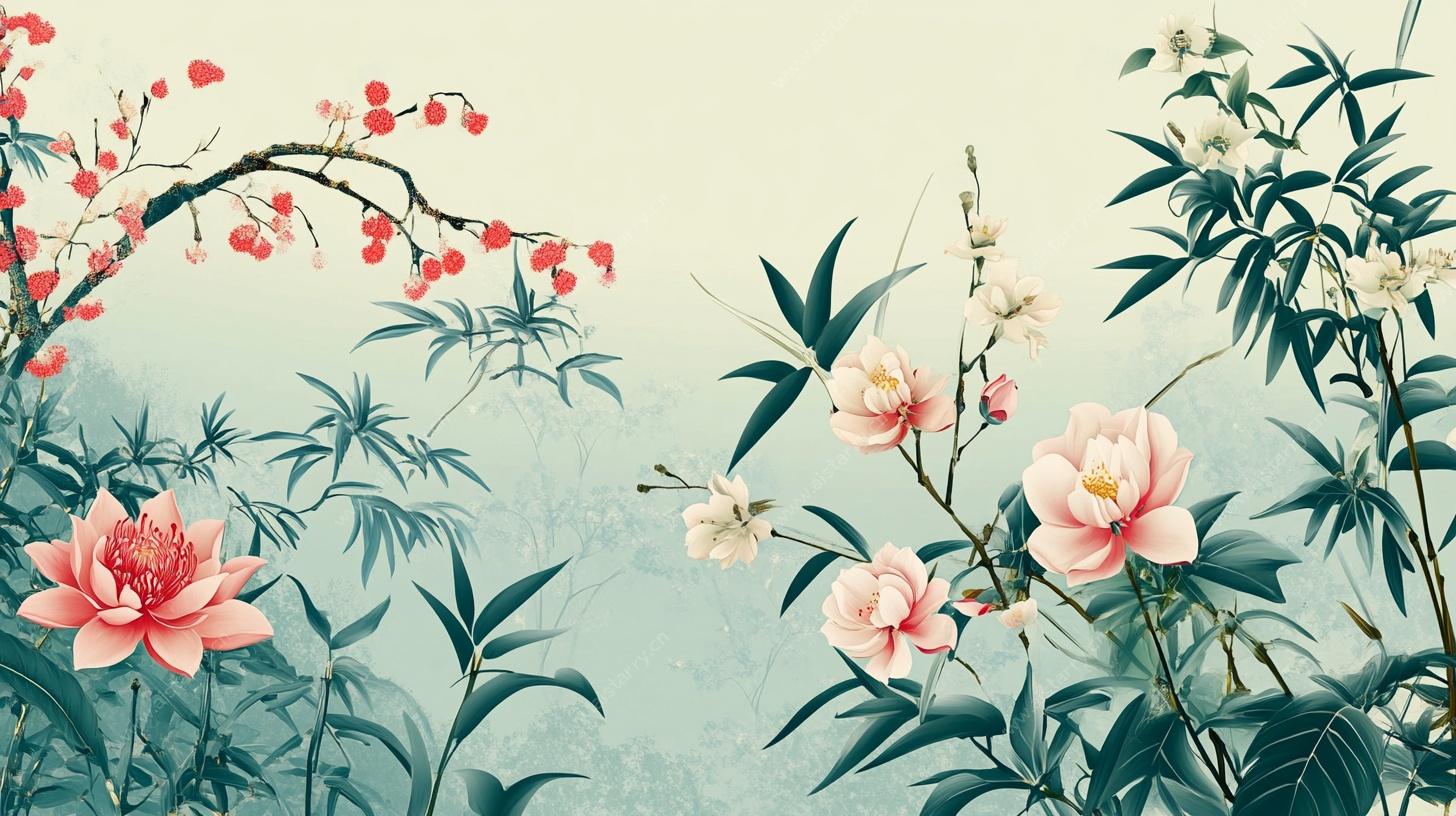 中式花卉植物插画