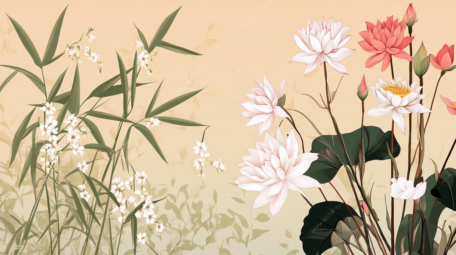 中式花卉植物雅致插画