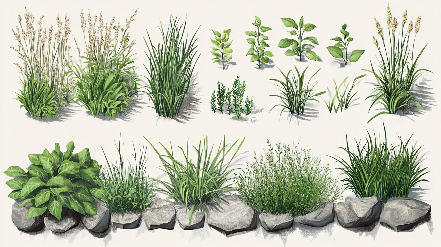 多样草本植物与石景插画