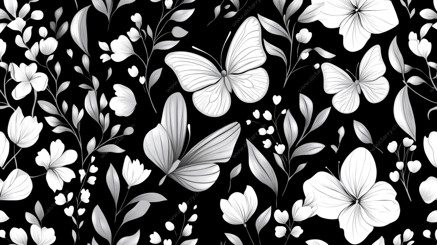 黑白花卉蝴蝶图案背景