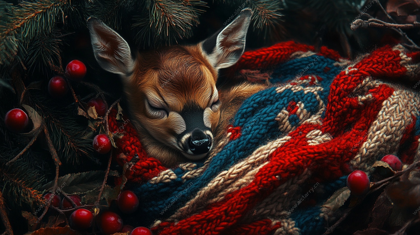 小鹿裹毛毯于松枝间安睡