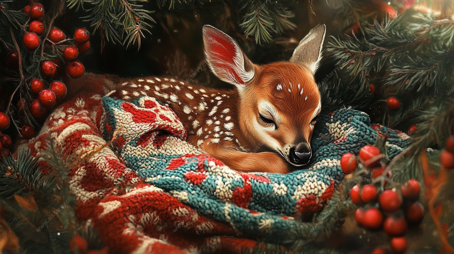 熟睡小鹿的温馨森林场景