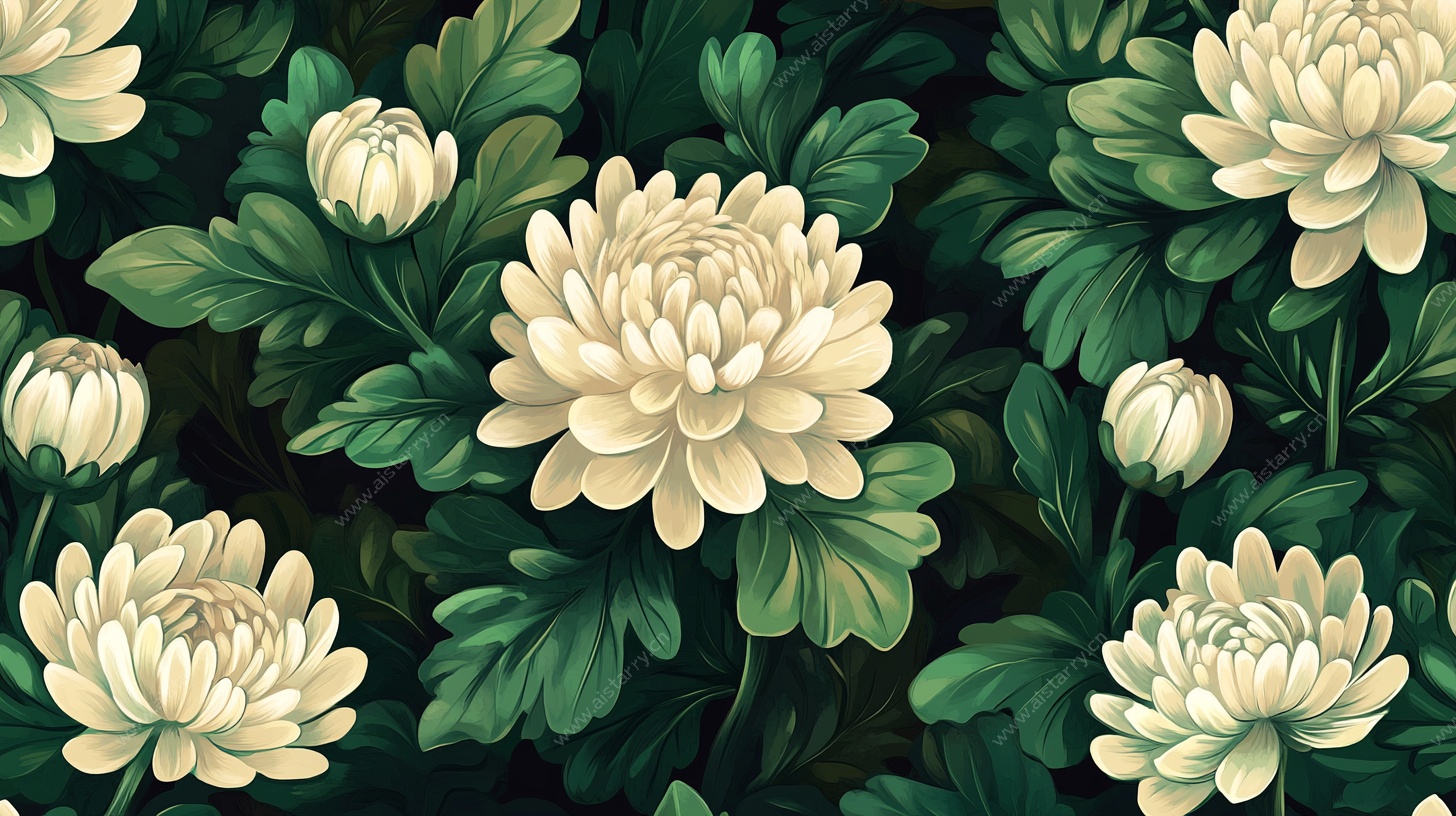 白菊绿叶无缝花卉图案
