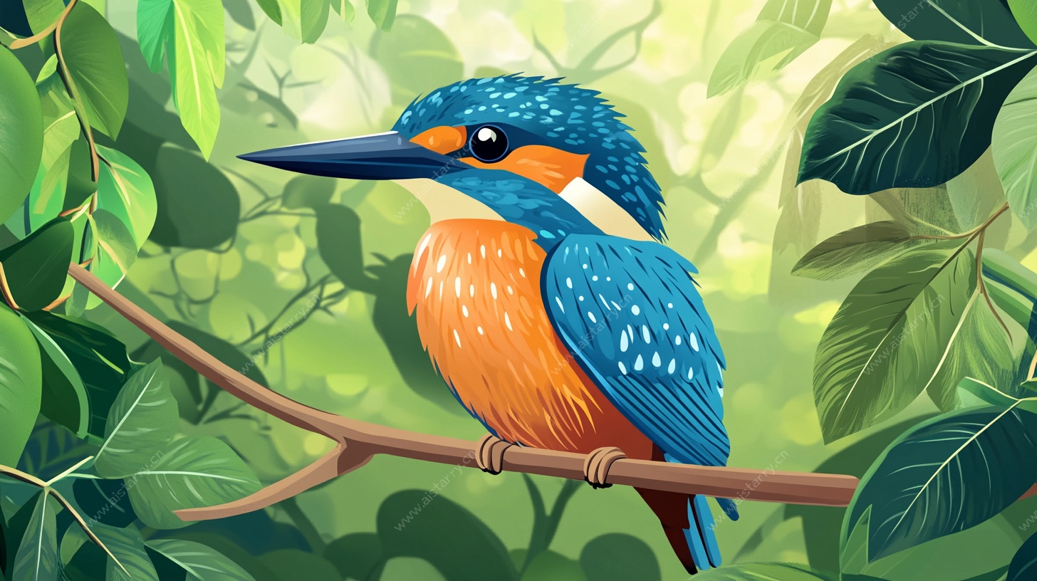 栖息枝头的翠鸟插画