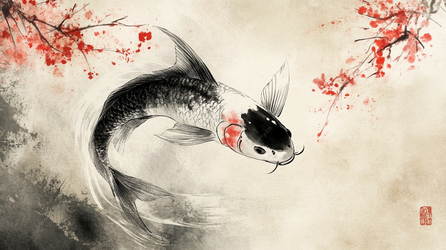 水墨锦鲤映红梅