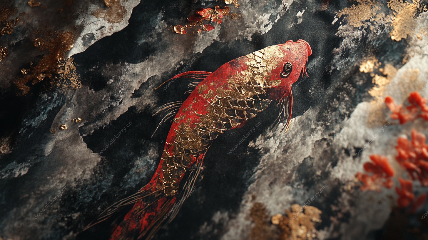 红金锦鲤游弋于奇幻水底