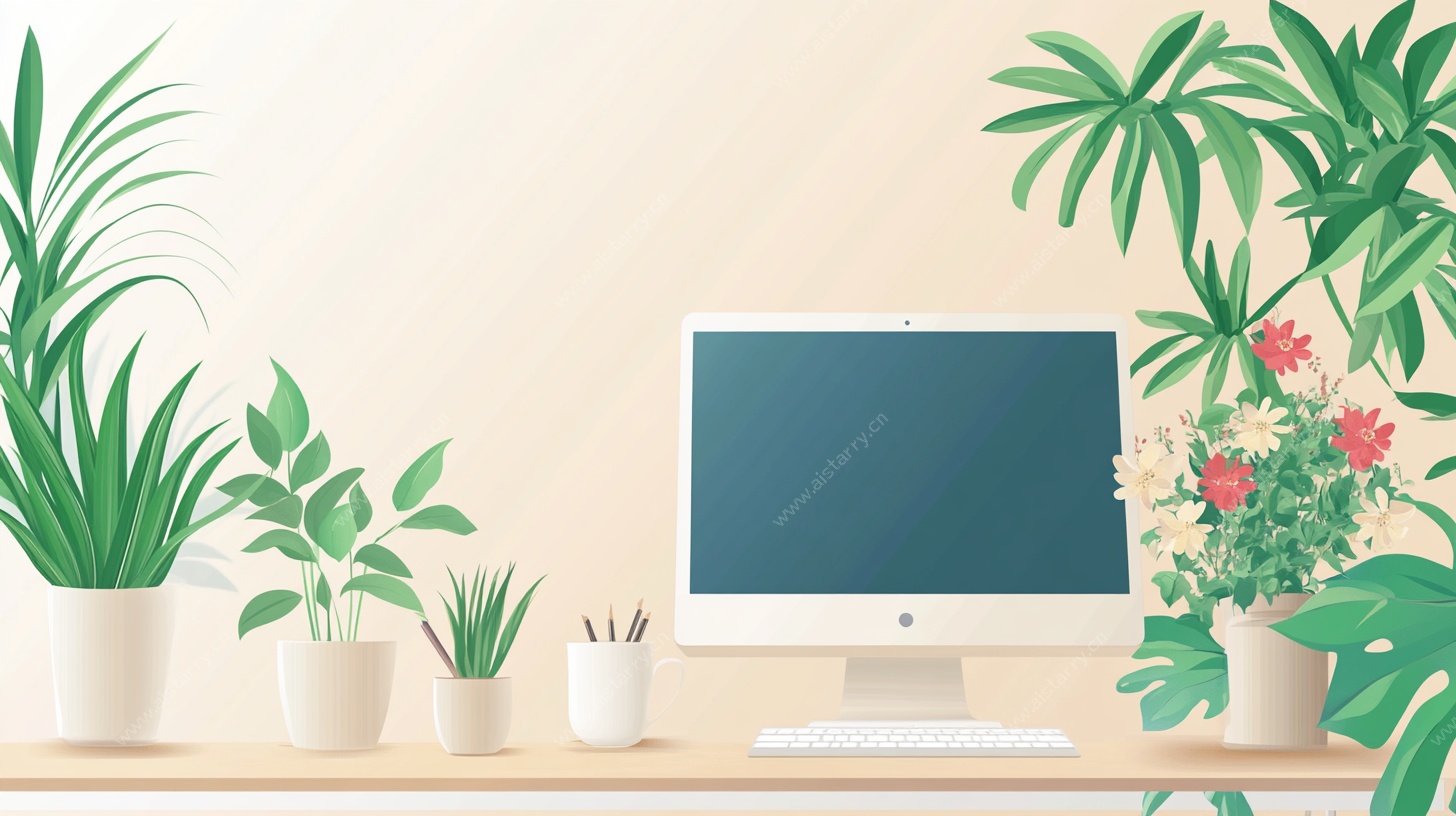 绿植环绕的清新办公桌面