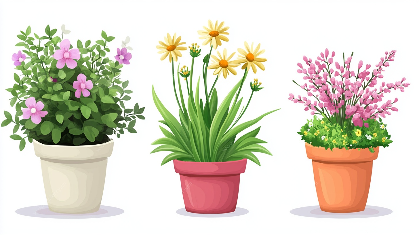 三盆多彩盆栽插画