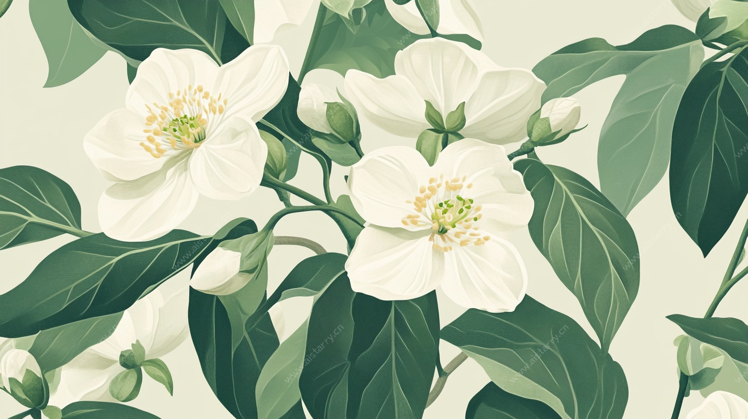 白色花卉枝叶插画作品