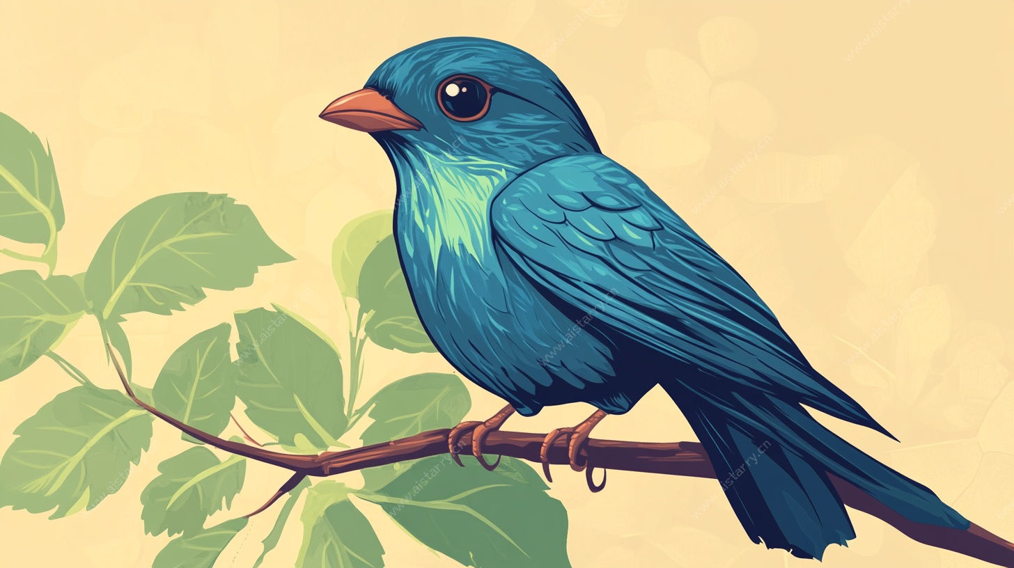 蓝色小鸟栖于绿叶枝头