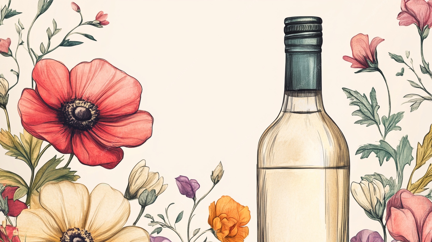 花卉环绕的优雅酒瓶插画