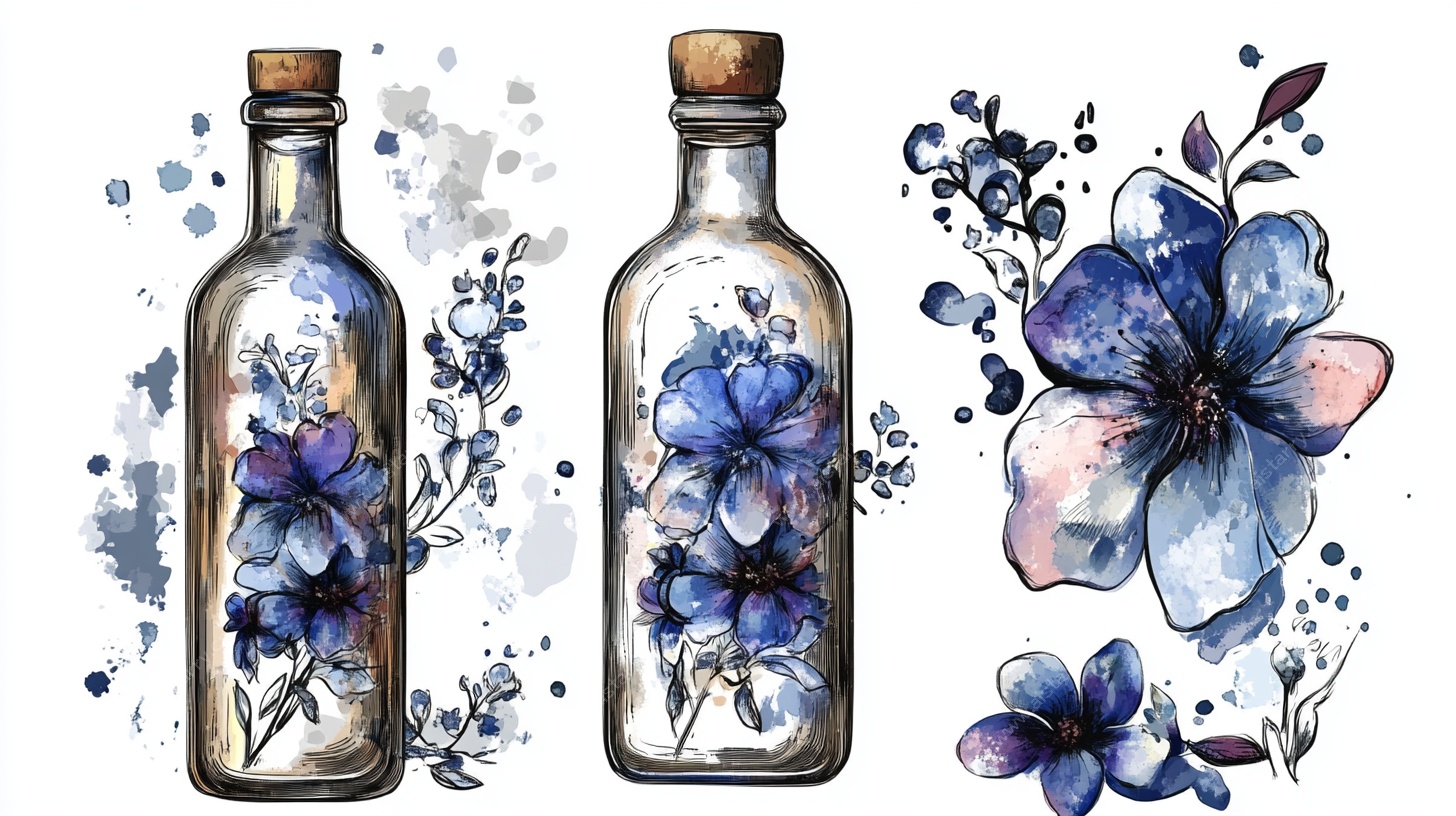 蓝花玻璃瓶水彩插画