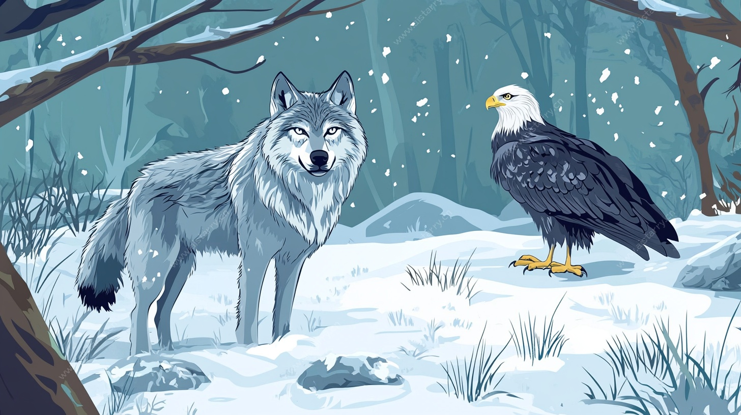 雪林中的狼与鹰对视