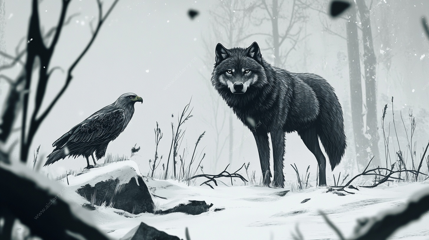 雪林中的狼与鹰