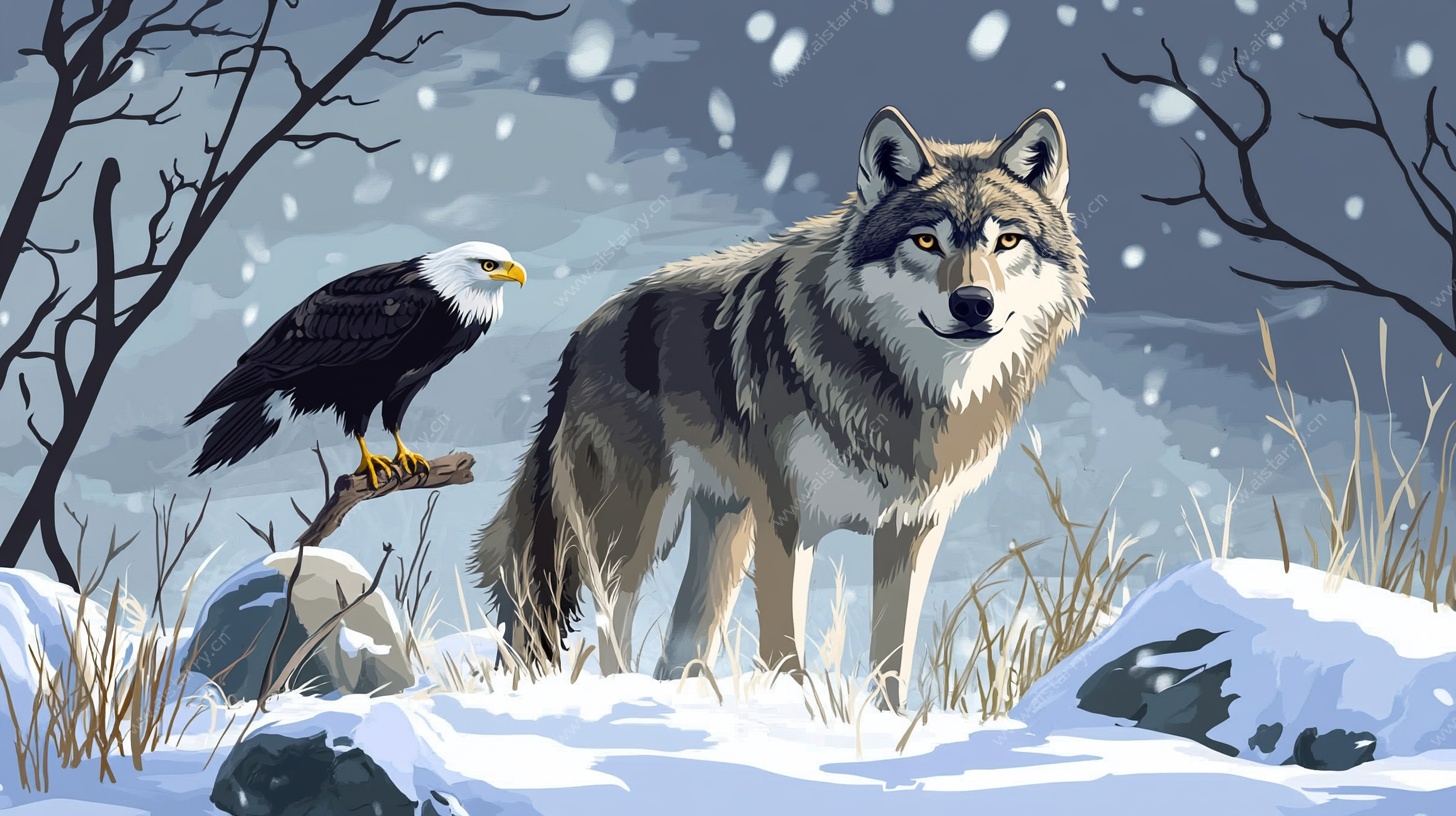 雪野中的狼与鹰