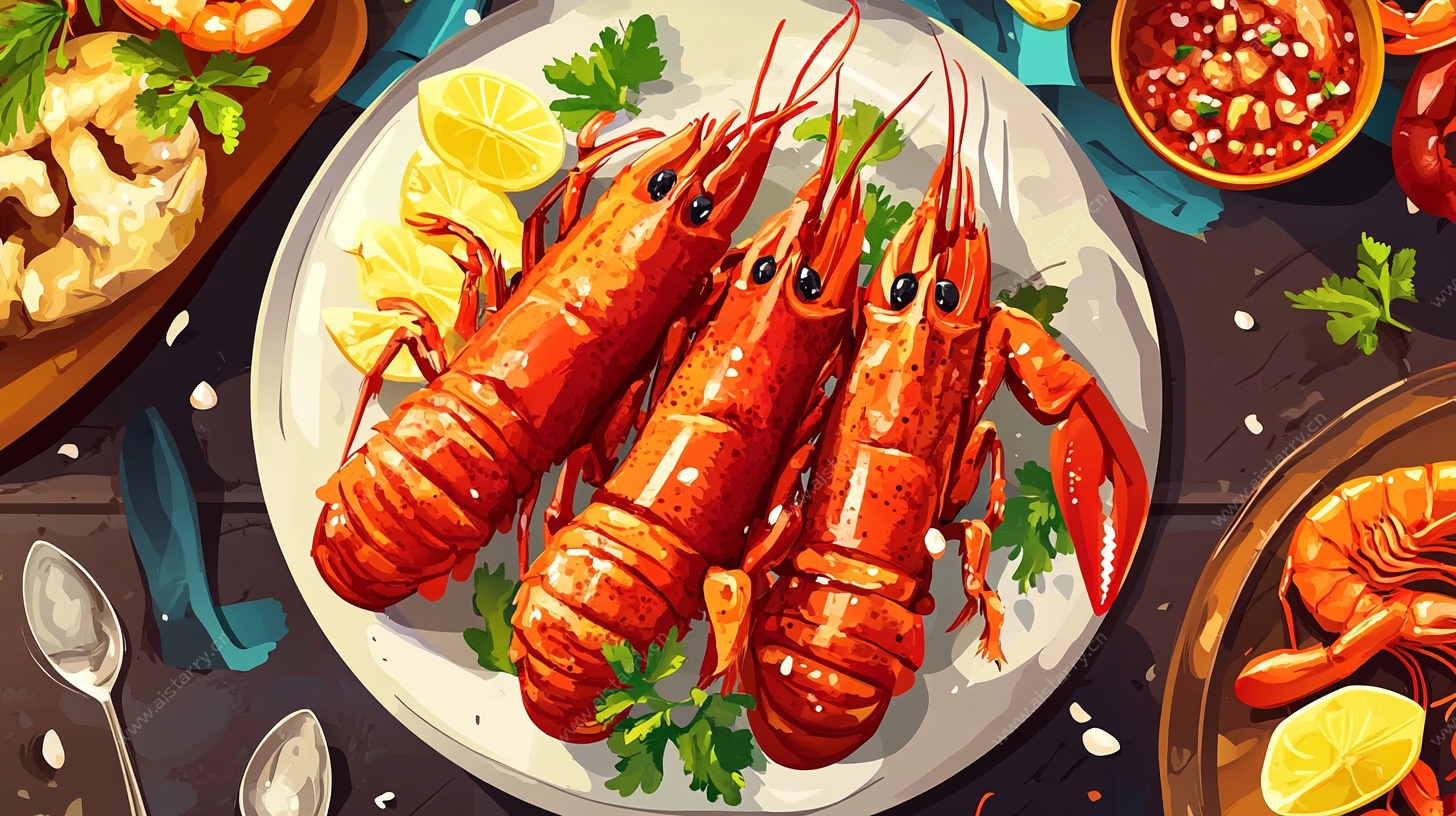 美味龙虾摆盘插画