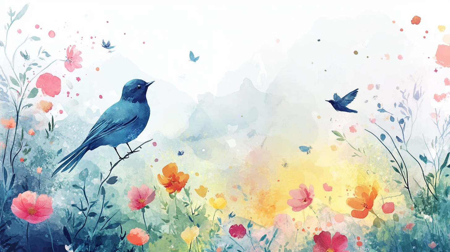 蓝鸟栖花畔 春色入画中