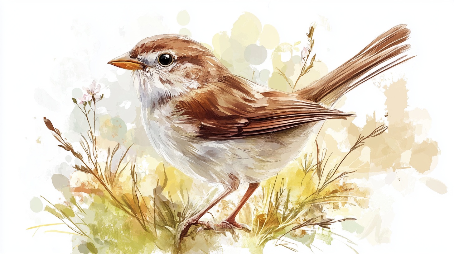 水彩画中的可爱小麻雀