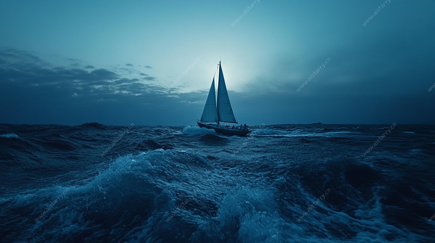 月夜帆船于波涛中航行