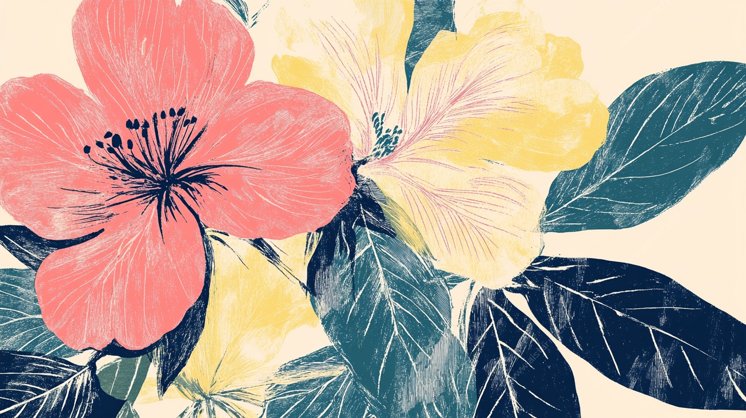 花卉插画 多彩花朵与绿叶